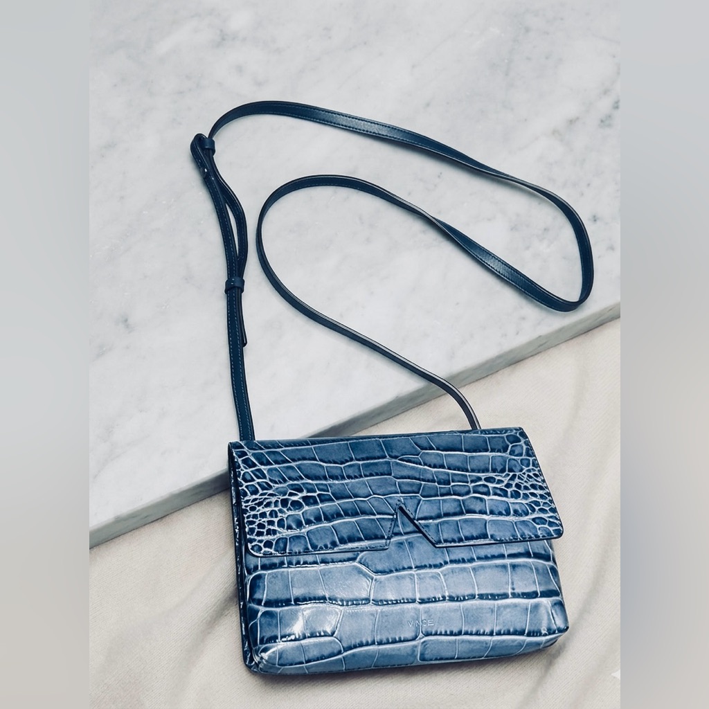 Vince Signature "V" Croc-Embossed Leather Crossbody Bag Grey/Blue